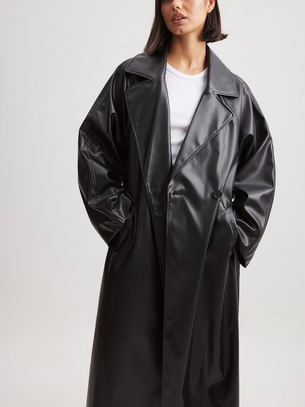 Long Black Faux Leather Trench Coat